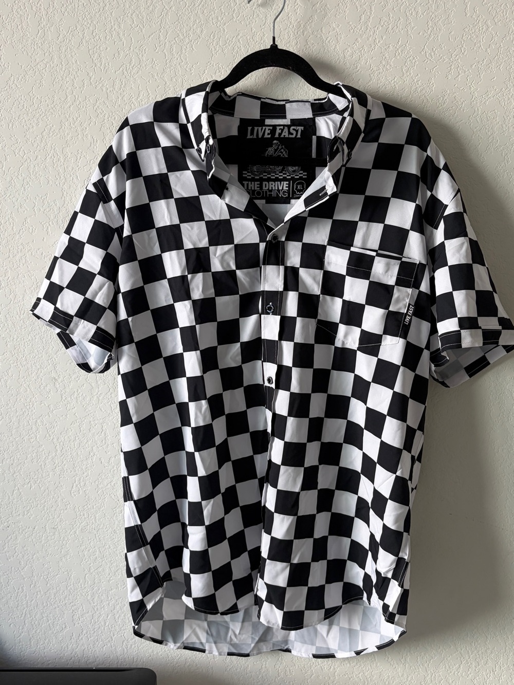 THE DRIVE CLOTHING LIVE FAST CHECKERED FLAG RACING MOTO BUTTON UP SHIRT MEN XL